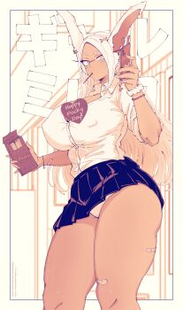 1girl absurdres animal_ears bandaid bandaid_on_leg bandaid_on_wrist blue_skirt blush boku_no_hero_academia bracelet breasts cellphone cellphone_charm charm_(object) collared_shirt commentary covered_erect_nipples dark-skinned_female dark_skin ear_piercing english_commentary english_text fanbox_username fingernails food food_in_mouth frilled_skirt frills guchapin hair_ornament highres holding holding_food holding_phone holding_pocky jewelry large_breasts long_eyelashes long_hair looking_at_viewer microskirt mirko panties pantyshot parted_bangs patreon_username phone piercing pleated_skirt pocky pocky_day pocky_in_mouth rabbit_ears rabbit_girl scrunchie shirt shirt_tucked_in skirt sleeves_rolled_up smartphone solo thick_thighs thighs underwear very_long_hair watermark web_address white_hair white_panties white_shirt wrist_scrunchie wrist_straps x_hair_ornament