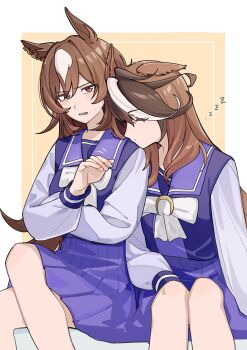 Rule 34 | 2girls, animal ears, blush, brown hair, closed eyes, closed mouth, commentary request, crossed legs, hair ornament, highres, horse ears, horse girl, long hair, long sleeves, multiple girls, nanami (nunnun 0410), open mouth, purple shirt, purple skirt, school uniform, shirt, sirius symboli (umamusume), sitting, skirt, sleeping, sleeping on person, symboli rudolf (umamusume), tracen school uniform, umamusume, white streaks, yuri