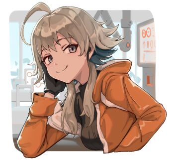 1girl ahoge arknights black_eyeliner black_gloves black_sweater breasts brown_eyes brown_hair earbuds earphones eyeliner gloves hair_between_eyes highres hood hoodie indoors jacket looking_to_the_side makeup mayer_(arknights) mechanical_arms medium_breasts monitor nose orange_jacket rhine_lab_logo shadow shimizu_kazunari short_hair_with_long_locks smile solo sweater transparent_background turtleneck turtleneck_sweater upper_body yellow_hoodie