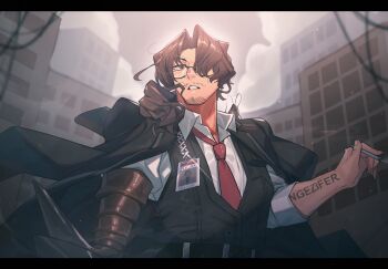 1boy absurdres arm_tattoo arthropod_limbs beard_stubble belt belt_buckle between_fingers black-framed_eyewear black-framed_glasses black_belt black_jacket black_pants black_vest blurry blurry_background breast_pocket brown_eyes brown_hair buckle bug building cigarette city cloud cloudy_sky coat coat_on_shoulders cockroach collared_shirt day dress_shirt facial_hair formal_clothes from_below glasses gregor_(project_moon) hair_between_eyes hair_over_one_eye half-closed_eyes hand_up highres holding holding_cigarette id_card insect insect_on_shoulder jacket limbus_company long_hair long_sleeves looking_at_viewer looking_down low_ponytail male_focus name_tag necktie one_eye_covered outdoors pants parted_bangs parted_lips pocket ponytail project_moon red_necktie ruins semi-rimless_eyewear shirt sky skyscraper sleeves_rolled_up smoke smoking solo stubble suit tattoo teeth under-rim_eyewear upper_body vest white_shirt wing_collar