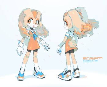 1girl 2023 absurdres animal_ears bike_shorts cream_the_rabbit dress floating_clothes floating_hair from_behind full_body furry furry_female gloves highres krita_(medium) light_smile looking_at_viewer looking_back multiple_views orange_dress orange_eyes parted_lips rabbit rabbit_ears rabbit_girl rabbit_tail reference_sheet sailor_collar shoes short_dress simple_background sneakers socks sonic_(series) tail tsurime tyson_tan white_gloves white_socks