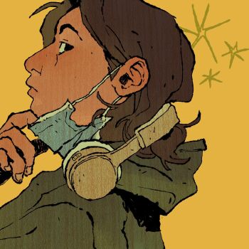 1boy artist_self-insert black_eyes brown_hair canvas_texture fruiitlins green_hoodie headphones headphones_around_neck highres hood hood_down hoodie looking_at_viewer looking_back male_focus mask mask_pull medium_hair mouth_mask original portrait simple_background solo upper_body yellow_background