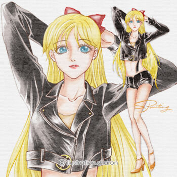 Rule 34 | 1girl, aino minako, alternate costume, arms up, bishoujo senshi sailor moon, blonde hair, blue eyes, bow, collarbone, commentary request, cropped jacket, hair bow, high heels, illustration sharon, instagram username, jacket, leather, leather jacket, leather shorts, lips, long hair, looking at viewer, midriff, navel, orange shoes, red bow, shoes, signature, simple background, smile, solo, swept bangs, white background