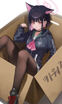 1girl animal_ears black_hair blue_archive blunt_bangs blush box cat_ears claw_hair_clip collar collarbone commentary_request hair_ornament hairclip halo highres kazusa_(blue_archive) legs nea_(nea_77) on_box pink_hair pink_halo red_eyes school_uniform short_hair sitting sitting_on_box solo