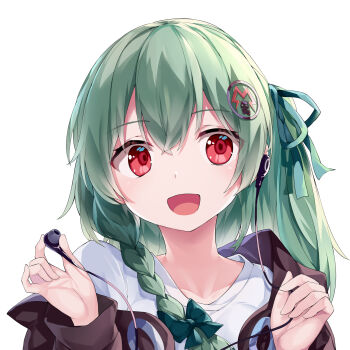 1girl :d absurdres artist_request black_jacket blush bow braid chinese_commentary collarbone commentary_request earbuds earphones fingernails green_bow green_hair green_ribbon hair_between_eyes hair_bow hair_ornament hair_ribbon hands_up happy highres holding holding_earphones huanxiang_koudai_meow indie_virtual_youtuber jacket long_hair long_sleeves looking_at_viewer off_shoulder one_side_up open_clothes open_jacket open_mouth original red_eyes ribbon second-party_source shirt simple_background single_braid smile solo upper_body white_background white_shirt