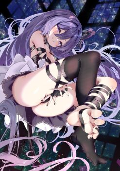 1girl :d absurdres between_legs bikini black_bikini black_nails black_panties black_socks blush breasts cleft_of_venus feet floating floating_hair foot_focus from_below full_body grin hair_between_eyes hand_between_legs highres long_hair looking_at_viewer micro_bikini nail_polish nyahu_(nyahu_77) open_mouth original over-kneehighs panties partially_visible_vulva pleated_skirt purple_eyes purple_hair sidelocks single_over-kneehigh single_thighhigh skirt sky small_breasts smile socks soles solo space star_(sky) starry_sky stirrup_legwear swimsuit teeth thighhighs toeless_legwear toenail_polish toenails toes underwear white_skirt