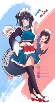 3girls absurdres belt black_belt black_dress black_hair black_thighhighs blue_dress blue_hair boots breasts bright_pupils character_name chibi claw_pose colored_inner_hair commentary crossover discord_logo discord_username dress ellen_joe english_commentary eyelashes fins fish_tail full_body fusion gawr_gura grin hair_ornament hand_on_own_hip head_only high_heel_boots high_heels highres hololive hololive_english instagram_logo instagram_username layered_dress long_sleeves maid_headdress medium_breasts medium_hair multicolored_hair multiple_girls pen-pen_arts pixiv_logo pixiv_username red_footwear red_nails shark_hair_ornament shark_tail sharp_teeth skindentation smile solo_focus standing streaked_hair tail teeth thighhighs thighs twitter_username twitter_x_logo two-tone_footwear two-tone_hair virtual_youtuber white_footwear white_pupils wide_sleeves x_hair_ornament zenless_zone_zero