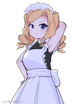 1girl alternate_costume apron arm_behind_head armpits black_shirt blonde_hair blue_eyes commentary_request cowboy_shot drill_hair enmaided frilled_apron frills honolulu_(kancolle) kantai_collection long_hair maid maid_headdress noba_(ne83ko61) one-hour_drawing_challenge shirt simple_background sleeveless sleeveless_shirt solo twin_drills twintails white_apron white_background