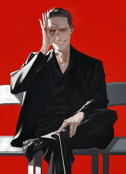 1boy baseball_bat black_hair black_jacket black_pants black_shirt black_shoes blue_eyes collared_shirt crossed_legs ctkcave formal_clothes hair_slicked_back jacket male_focus mature_male ok_sign ok_sign_over_eye on_bench one_eye_closed original pants red_background shirt shoes short_hair simple_background sitting smirk solo suit suit_jacket