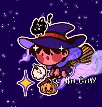1boy animalization biyoo_(omniscient_reader&#039;s_viewpoint) black_hair broom cat chibi chibi_only grin hat kim_dokja male_focus mini_cini98 object_riding omniscient_reader&#039;s_viewpoint outline pumpkin short_hair smile solo sparkle white_outline witch_hat yoo_joonghyuk