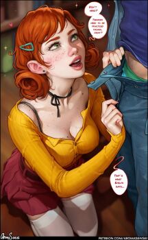 1boy 1girl aroma_sensei artist_name belt black_border blush border bra_strap braces breasts cleavage commentary earrings english_commentary freckles green_eyes hair_ornament hairclip heart hetero highres indoors jewelry kneeling looking_at_another medium_hair mole mole_on_breast orange_hair orange_shirt penny_(stardew_valley) pleated_skirt red_skirt shirt signature skirt solo_focus speech_bubble stardew_valley thighhighs unzipping veins veiny_breasts white_thighhighs