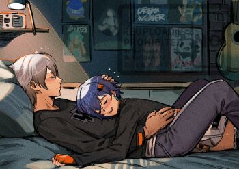 1boy 1girl belle_(zenless_zone_zero) blue_hair breasts brother_and_sister closed_eyes closed_mouth commentary english_commentary from_side grey_hair guitar hug indoors instrument lamp lying on_back on_bed radio short_hair siblings smile watermark wise_(zenless_zone_zero) yusi_vishnu zenless_zone_zero