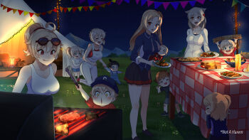 +_+ 5boys 6+girls absurdres ahoge alternate_breast_size alternate_costume alternate_hair_length alternate_hairstyle arms_up aunt_and_nephew aunt_and_niece azur_lane baby bandaid bandaid_on_knee bandaid_on_leg baseball_cap black_footwear black_hair black_shirt black_skirt blonde_hair blowing_raspberry blue_eyes blue_jacket blue_overalls blue_shirt blue_shorts blush box brother_and_sister brothers canned_sardines cardigan carrot carrying_baby carrying_person chair chicken_(food) child cleveland_(azur_lane) closed_eyes closed_mouth columbia_(azur_lane) commentary commission cooking cousins cup denver_(azur_lane) drinking_glass english_commentary english_text eyewear_on_head food full_body gelatin grass grey_hair grey_shorts grill grilling hair_flaps hair_ornament hairband hat hiding hiding_behind_another high_ponytail highres holding holding_box holding_plate jacket jewelry kneeling lantern lemonade licking_lips long_hair long_sleeves meat medium_hair montpelier_(azur_lane) mother_and_daughter mother_and_son mountainous_horizon multiple_boys multiple_girls night night_sky one_side_up open_mouth outdoors overalls pajamas parted_bangs pennant picnic pink_eyes pizza_box plant plate playing pleated_skirt ponytail red_eyes red_footwear red_hair red_hairband red_pajamas red_shirt red_trim ring salad sandwich second-party_source shirt shirt_under_shirt shoes short_hair short_sleeves shorts siblings skirt sky sleeping smile smoke star_(sky) starry_sky steak sunglasses table tablecloth tank_top tent thighs toddler tomato tongue tongue_out tree twins utensil vegetable walking wedding_ring white_cardigan white_overalls white_shirt white_tank_top