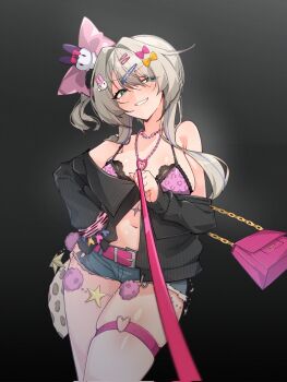 1girl alternate_costume aqua_eyes belt black_jacket blonde_hair blush bow bra breasts denim denim_shorts gyaru hair_ornament heart heart_necklace highres jacket jewelry large_breasts leash leopard_print leopard_print_bra navel necklace o-ring o-ring_thigh_strap off_shoulder one_side_up phase_connect pink_bag pink_belt pink_bow pink_bra pov print_bra rabbit_hair_ornament rinkou_ashelia second-party_source shorts skindentation thigh_strap tilt-shift_(azalanz) underwear viewer_on_leash virtual_youtuber yellow_bow