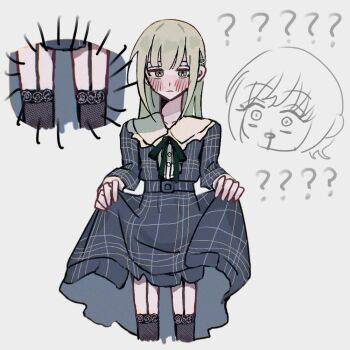 Rule 34 | ?, ??, aroused nosebleed, bang dream!, bang dream! it&#039;s mygo!!!!!, belt, belt buckle, black thighhighs, blood, blush, buckle, buttons, closed mouth, clothes lift, commentary request, cropped legs, dress, dress lift, emphasis lines, expressionless, garter straps, green hair, green ribbon, grey background, grey dress, hair ornament, hairclip, lace, lace-trimmed thighhighs, lace trim, lifting own clothes, long hair, long sleeves, looking at viewer, mdin4k, neck ribbon, nosebleed, partially colored, plaid clothes, plaid dress, projected inset, puritan collar, ribbon, side ahoge, simple background, solo focus, standing, straight hair, thighhighs, wakaba mutsumi, wide-eyed, yellow eyes, yuri, yuutenji nyamu