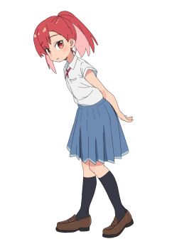 1girl 4uys arms_behind_back asymmetrical_bangs black_socks blue_skirt blush_stickers brown_shoes collared_shirt commentary_request from_side full_body hand_on_own_elbow high_ponytail highres kneehighs leaning_forward loafers long_hair looking_at_viewer looking_to_the_side medium_skirt neck_ribbon parted_lips pleated_skirt ponytail red_eyes red_hair red_ribbon ribbon ruri_no_houseki school_uniform seto_shouko shirt shoes short_sleeves simple_background single_sidelock skirt smile socks solo white_background white_shirt