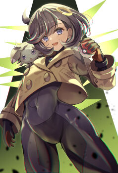 1girl :3 :d absurdres black_bodysuit black_gloves black_hair blue_eyes bodysuit bodysuit_under_clothes brown_jacket commentary_request covered_navel cowboy_shot dark-skinned_female dark_skin emma_(pokemon) espurr gen_6_pokemon gloves hair_between_eyes hair_ornament highres holding holding_poke_ball jacket latex latex_bodysuit light_blush long_sleeves looking_at_viewer mega_stone nintendo on_shoulder open_mouth orange_gloves partial_commentary poke_ball poke_ball_(basic) pokemon pokemon_(creature) pokemon_legends:_z-a pokemon_on_shoulder short_hair sidelocks smile solo_focus standing swept_bangs takenaka_takeshi teeth two-tone_gloves upper_teeth_only