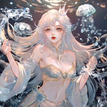 1girl air_bubble bare_shoulders blue_eyes breasts bubble crown detached_collar detached_sleeves highres jewelry ling0 long_hair mermaid midriff monster_girl navel original parted_lips solo underwater upper_body water white_hair