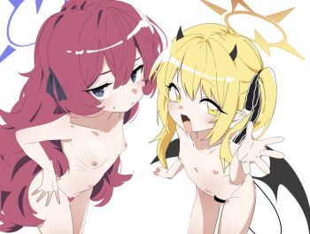 2girls :d bikini black_bikini black_ribbon blonde_hair blue_archive breasts censored clenched_hand commentary_request completely_nude covering_crotch covering_privates cowboy_shot demon_girl demon_horns fang flat_chest grey_eyes hair_between_eyes halo hand_on_own_hip hand_up heart heart_censor horns ibuki_(blue_archive) iroha_(blue_archive) lapels leaning_forward legs_apart light_blush loli long_hair looking_at_viewer multiple_girls navel nipples notched_lapels nude ocha_(popopogg) open_hand open_mouth purple_halo red_hair ribbon side_ponytail simple_background small_breasts smile standing straight_hair sweatdrop swimsuit white_background yellow_eyes yellow_halo