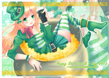 1girl alcohol blonde_hair boots cauldron clover coin female_focus gold_coin green_eyes guinness_(beer) hat high_heel_boots high_heels leprechaun runawaywithyou saint_patrick&#039;s_day skirt solo striped_clothes striped_thighhighs thighhighs