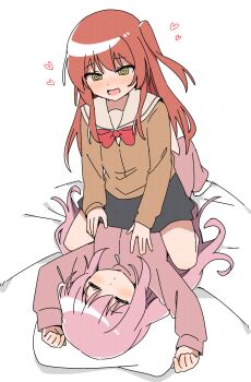 2girls :d bed_sheet black_skirt blush bocchi_the_rock! bow bowtie commentary female_pervert girl_on_top gotoh_hitori green_eyes haru_(konomi_150) heart heart-shaped_pupils highres jacket kita_ikuyo long_hair lying multiple_girls on_back on_bed one_side_up open_mouth pervert pillow pink_hair pink_jacket red_bow red_bowtie red_hair school_uniform shuka_high_school_uniform simple_background skirt sleep_molestation sleeping smile straddling symbol-shaped_pupils track_jacket white_background yuri