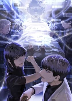 aegyo_sal barefoot bed black_eyes black_hair black_shirt blackbox_(blackbox9158) character_request coat collared_shirt han_sooyoung highres hospital_bed kim_dokja lee_sookyung long_sidelocks looking_at_another official_art omniscient_reader's_viewpoint open_clothes open_coat popped_collar shirt short_hair sidelocks sweatdrop third-party_source under_covers white_coat