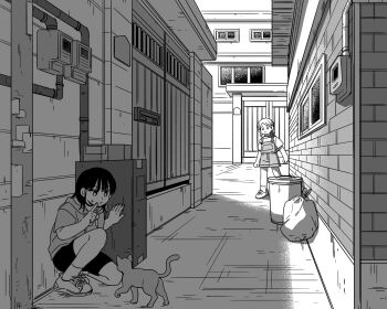 Rule 34 | 2girls, bright pupils, cat, closed mouth, finger to mouth, greyscale, hiding, highres, hood, hood down, hoodie, index finger raised, monochrome, multiple girls, on one knee, original, outdoors, overall shorts, overalls, shirt, shoes, short hair, short sleeves, shorts, shushing, sihyun25, sneakers, socks, sweatdrop, t-shirt, trash bag, trash can