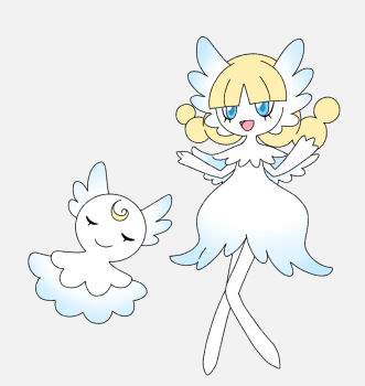 1girl blonde_hair blunt_bangs closed_eyes closed_mouth colored_skin fakemon female_focus flat_chest flat_color full_body grey_background hands_up happy knees_together_feet_apart medium_hair muguet nintendo original pokemon simple_background smile standing twintails white_skin wings