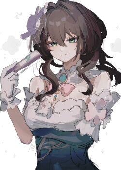 Rule 34 | 1girl, bare shoulders, black hair, breasts, brooch, dress, green eyes, hair ornament, highres, holding, honkai: star rail, honkai (series), jewelry, long hair, official alternate costume, ruan mei (honkai: star rail), ruan mei (plumblossom letter) (honkai: star rail), simple background, small breasts, smile, solo, suwa (swk kkk), upper body, white background