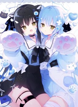 Rule 34 | 2girls, absurdres, ahoge, animal ear fluff, animal ears, animal hands, bandage on thigh, bandaid, bandaid hair ornament, bandaid on face, black choker, black hair, black neckerchief, black ribbon, black skirt, blue choker, blue hair, blue jacket, blue shirt, blue skirt, bow, cat ears, cat girl, cat tail, center frills, choker, commentary request, fang, frilled sailor collar, frilled shirt, frills, gloves, hair ornament, hair ribbon, halo, heart, heart ahoge, heart choker, heart halo, heart o-ring, highres, jacket, muku (apupop), multicolored hair, multiple girls, neckerchief, o-ring, o-ring thigh strap, open mouth, original, paw gloves, paw hair ornament, pom pom (clothes), pom pom hair ornament, ribbon, sailor collar, shirt, skin fang, skirt, streaked hair, tail, thigh strap, white bow, white ribbon, white sailor collar, white shirt, x hair ornament, yellow eyes
