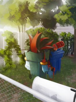 1boy backyard commentary day english_commentary furry furry_male gloves highres lazerpotaters lying male_focus on_stomach outdoors shadow_the_hedgehog solo sonic_(series) trash_can unconscious white_gloves