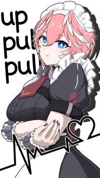 1girl alternate_costume arms_under_breasts black_dress blue_eyes breasts bright_pupils closed_mouth commentary_request cowboy_shot double-parted_bangs dress enmaided fingernails frilled_dress frills hair_between_eyes head_wings highres hololive large_breasts looking_at_viewer maid maid_headdress nail_polish necktie pink_hair pout red_nails red_necktie ringo_21_a short_hair short_sleeves solo takane_lui virtual_youtuber white_background white_pupils wings