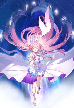 1girl absurdres bare_shoulders blue_hair breasts commentary_request cyrene_(honkai:_star_rail) cyrene_(ripples_of_past_reverie)_(honkai:_star_rail) dress dunggeul_dunggeul flower gradient_hair hair_flower hair_ornament halo high_heels highres honkai:_star_rail honkai_(series) large_breasts long_hair multicolored_hair parted_lips pink_hair purple_eyes sky solo star_(sky) starry_sky very_long_hair white_dress white_hair