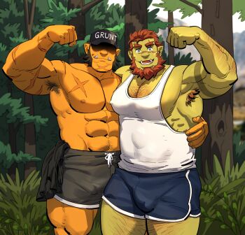 2boys abs absurdres arm_around_waist bara beard biceps blue_eyes bulge chest_hair_peek colored_skin commission couple covered_erect_nipples cowboy_shot facial_hair flexing forked_eyebrows full_beard grunt_(onlytusks) hairy hat_over_eyes highres huge_pectorals looking_at_viewer male_focus mature_male monster_boy multiple_boys muscular muscular_male mutton_chops navel navel_hair nipples orange_skin orc original pectoral_cleavage pectorals pointy_ears sanpaku scar scar_on_chest shaded_face short_hair sidepec standing stomach strongman_waist tank_top thick_arm_hair thick_beard thick_eyebrows thick_thighs thighs topless_male tusks unspoken_(firebreath110) yaoi zorg_(onlytusks)
