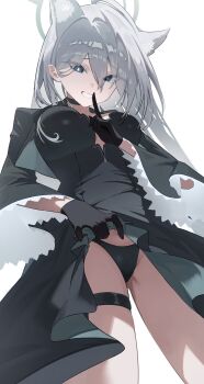Rule 34 | 1girl, absurdres, ahoge, animal ear fluff, animal ears, black choker, black dress, black gloves, black panties, blue archive, blue eyes, breasts, choker, clothes lift, commentary request, dark halo, dress, dress lift, extra ears, eyes visible through hair, finger to mouth, from below, gloves, grey hair, grin, hair between eyes, halo, highres, index finger raised, large breasts, lifting own clothes, long hair, long sleeves, looking at viewer, looking down, mismatched pupils, panties, puya (pixiv 61322484), shiroko terror (blue archive), simple background, smile, solo, thigh strap, underwear, white background, wide sleeves, wolf ears, wolf girl