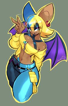 1girl absurdres bat_wings blonde_hair blue_hair breasts canari_(pokemon) cleavage curvy earrings eyeshadow fang female_focus furry furry_female green_eyes highres jamoart jewelry large_breasts looking_at_viewer makeup multicolored_hair nail_polish navel nintendo pokemon pokemon_legends:_z-a rouge_the_bat short_hair simple_background solo sonic_(series) two-tone_hair v wide_hips wings