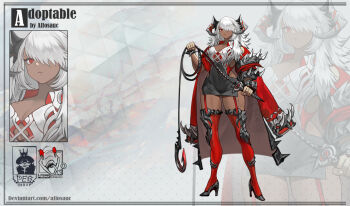 1girl adoptable allosauc armor artist_name black_dress black_horns breasts cleavage closed_mouth clothing_cutout commentary dark-skinned_female dark_skin demon_horns deviantart_username dress english_commentary english_text eyelashes fingernails full_body gradient_background grey_background grey_footwear hair_over_one_eye high_heels highres holding holding_whip hook horns jacket jacket_on_shoulders large_breasts light_frown long_hair looking_at_viewer multiple_views original polka_dot polka_dot_background projected_inset red_eyes red_jacket red_thighhighs ribbed_legwear short_dress side_cutout side_slit simple_background spiked_armor spiked_jacket spikes thighhighs triangle_background upper_body watermark white_hair