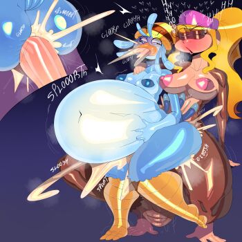 1futa 1girl absurdres bird_girl blonde_hair blue_eyes blue_skin blush breasts colored_skin cum cum_in_pussy dixie_kong donkey_kong_(series) english_text excessive_cum full_nelson furry furry_female futa_with_female futanari gradient_background green_eyes heart highres huge_testicles inflation large_breasts leg_grab long_hair looking_at_viewer monkey_girl nintendo nipples penis ponytail rolling_eyes sex sex_from_behind size_difference stomach_bulge tayuri testicles vaginal