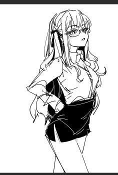 Rule 34 | 1girl, bang dream!, bang dream! it's mygo!!!!!, chinese commentary, collared shirt, commentary request, cowboy shot, glasses, greyscale, hair ribbon, long sleeves, looking at viewer, monochrome, open mouth, pencil skirt, ribbon, shirt, skirt, solo, togawa sakiko, two side up, yukikuma (yukikuma 018)