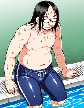 1boy fat fat_man glasses kagome_no_inyoku male_focus male_swimwear non-web_source poolside sitting ugly_bastard