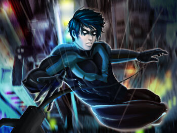 1boy batman_(series) black_hair bodysuit city dc_comics dick_grayson domino_mask eye_mask falling highres male_focus mask night nightwing rain rope solo