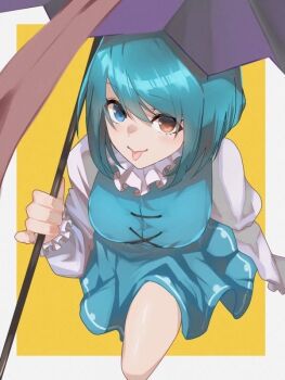 1girl amateru blue_eyes blue_hair blue_skirt blue_vest breasts commentary_request frilled_shirt_collar frilled_sleeves frills heterochromia holding holding_umbrella juliet_sleeves karakasa_obake long_sleeves puffy_sleeves purple_umbrella red_eyes shirt simple_background skirt tatara_kogasa tongue tongue_out touhou umbrella vest white_shirt