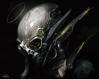 1other android barcode black_background cable close-up cyberpunk cyborg esuthio eye_socket gas_mask glowing halo helmet industrial_pipe jacket machine mask mechanical mechabare metal original oxygen_mask robot science_fiction screw simple_background smoke smoke_trail solo spikes writing