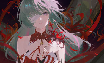 Rule 34 | 1girl, absurdres, anheyu, bandage over one eye, bare shoulders, breasts, earrings, fingernails, flower, grey eyes, grey hair, halterneck, hand up, highres, holding, holding flower, jewelry, long hair, looking at viewer, medium breasts, missing commentary, multicolored hair, nail polish, parted lips, phrolova (wuthering waves), portrait, red nails, solo, spider lily, star (symbol), star earrings, streaked hair, tacet mark (wuthering waves), wuthering waves