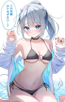 1girl bare_shoulders bikini black_bikini black_choker black_nails blue_eyes blush breasts choker cleavage closed_mouth collarbone commentary demon_girl demon_horns demon_tail demon_wings halterneck hands_up highres horns jacket knees_out_of_frame long_hair looking_at_viewer medium_breasts mini_wings multi-strapped_bikini_bottom multicolored_jacket nail_polish navel o-ring o-ring_bikini o-ring_top off_shoulder open_clothes open_jacket original pointy_ears ponytail side-tie_bikini_bottom sidelocks simple_background sitting solo spaghetti_strap speech_bubble stomach strap_gap string_bikini swimsuit tail thighs toki_(toki_ship8) translated two-tone_jacket wariza white_background white_hair white_jacket wings