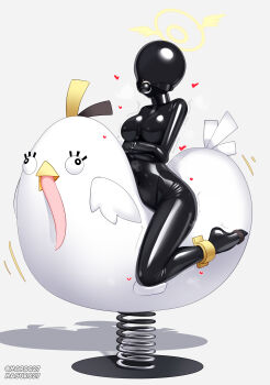 1girl absurdres ball_gag black_bodysuit blue_archive bodysuit bondage_mittens breasts gag gagged gimp_mask gimp_suit halo heart hifumi_(blue_archive) highres impossible_bodysuit impossible_clothes latex latex_bodysuit maguro27 mask medium_breasts peroro_(blue_archive) restrained sex_machine skin_tight solo spring_rider stationary_restraints winged_halo yellow_halo