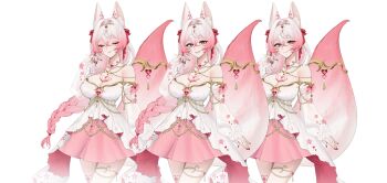 1girl absurdres aisha_evamarie_spades animal_ear_fluff animal_ears breasts cleavage closed_eyes closed_mouth commission crossed_bangs dress facial_mark fox_ears fox_girl gradient_hair gradient_tail hair_between_eyes hair_ribbon highres indie_virtual_youtuber large_breasts long_braid long_hair multicolored_hair pink_eyes pink_hair pink_tail red_nails red_ribbon ribbon sae_illust smile tail tail_ornament whisker_markings white_dress white_hair white_tail