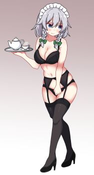 Rule 34 | 1girl, absurdres, alternate costume, black bra, black panties, black shoes, black thighhighs, blue eyes, blush, bow, bra, braid, breasts, brown background, cleavage, closed mouth, collarbone, commentary request, cup, embarrassed, full body, garter belt, gradient background, green bow, grey hair, hair bow, high heels, highres, holding, holding tray, izayoi sakuya, korra down, large breasts, long hair, maid, maid headdress, navel, panties, shoes, solo, steam, sweatdrop, tea, teacup, teapot, thighhighs, touhou, tray, twin braids, underwear