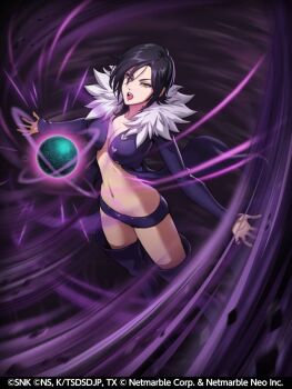 1girl black_hair breasts cleavage crossover large_breasts merlin_(nanatsu_no_taizai) nanatsu_no_taizai navel official_art open_mouth revealing_clothes snk the_king_of_fighters