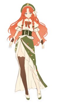 1girl absurdres alternate_costume beret blue_eyes bow bowtie braid breasts brown_thighhighs closed_mouth collared_shirt corset frills full_body fur_trim green_bow green_corset green_hat green_skirt hair_bow hat hat_bow hat_ornament highres hong_meiling large_breasts long_hair looking_at_viewer parted_bangs puffy_short_sleeves puffy_sleeves red_bow red_bowtie red_eyes sarukana shirt shoes short_sleeves simple_background single_thighhigh skirt smile solo standing star_(symbol) star_hat_ornament striped_bow striped_bowtie striped_clothes thighhighs touhou twin_braids wavy_hair white_background white_bow white_shirt white_shoes wrist_cuffs